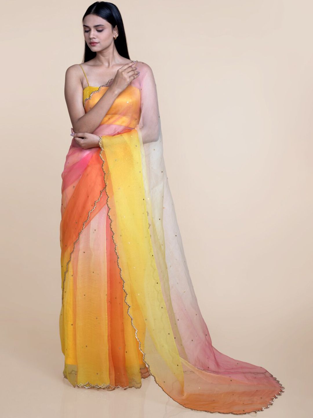 Suta Yellow & Orange Ombre Sequin Embellished Handcrafted Organza Saree Price in India
