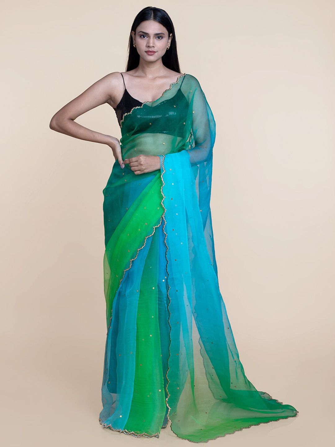 Suta Blue & Green Ombre Sequinned Organza Saree Price in India