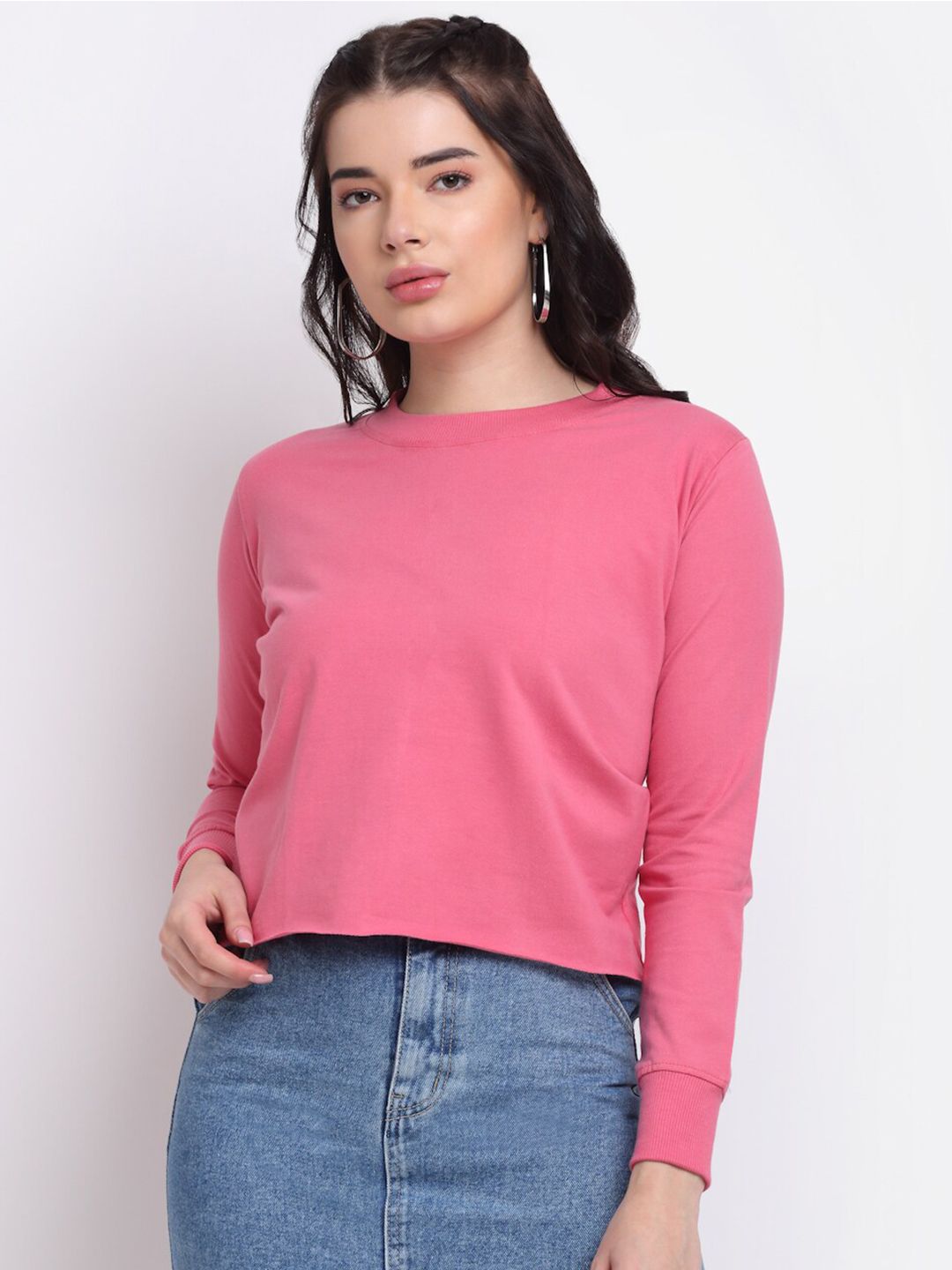 TAG 7 Women Pink Pure Cotton Cropped Sweatshirt Price in India