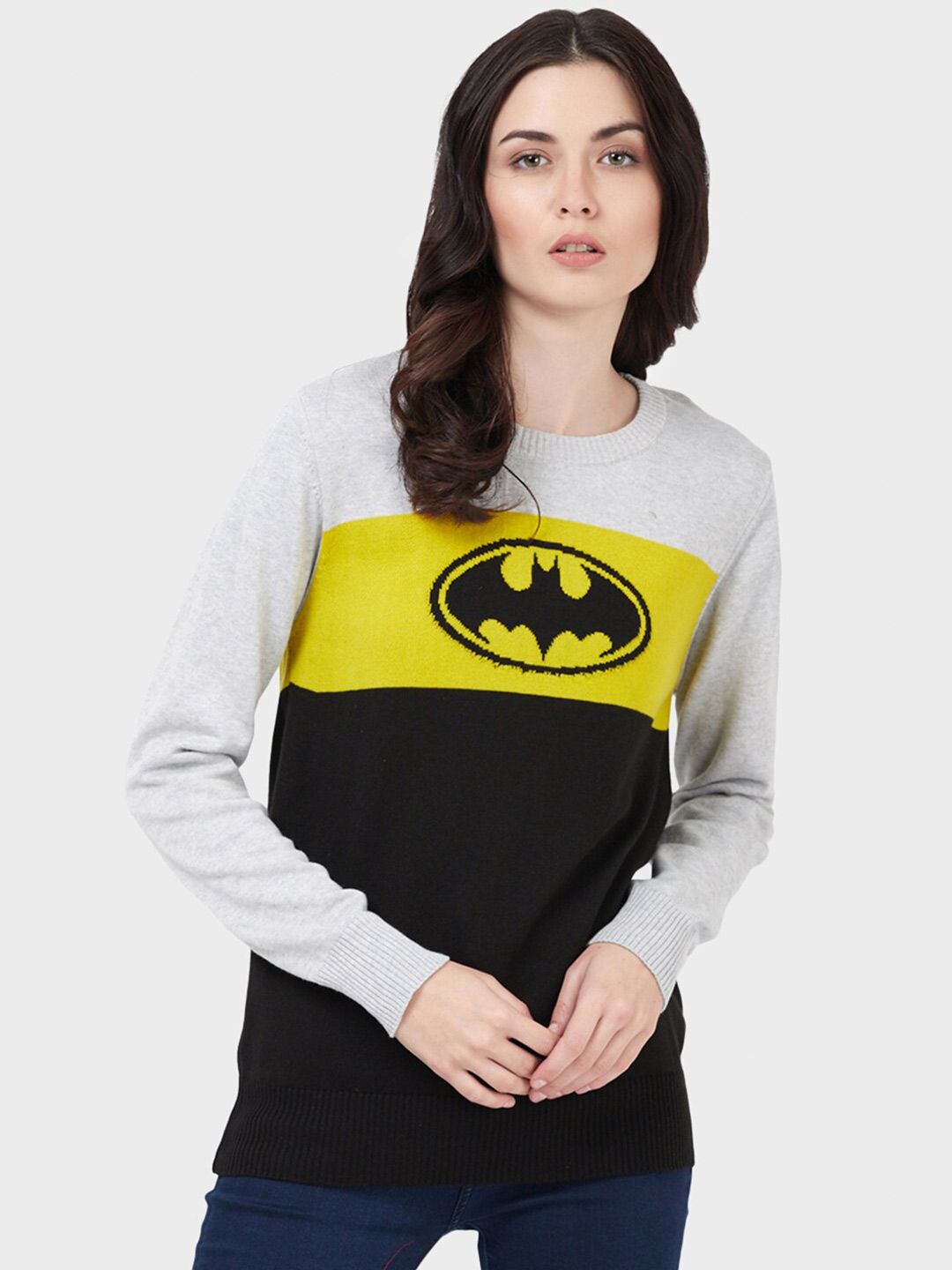 Free Authority Women Grey & Yellow Batman Colourblocked Pullover Price in India