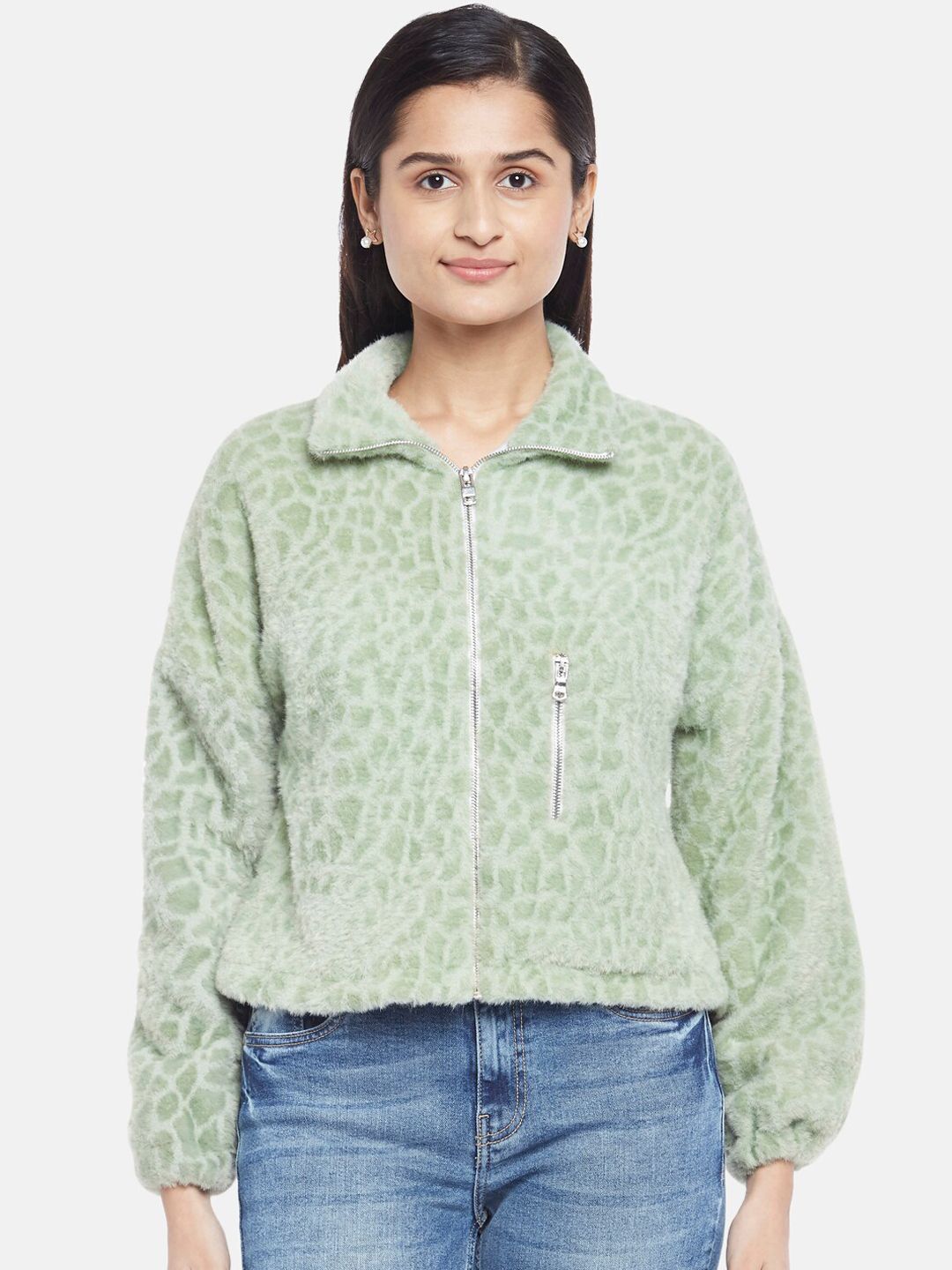 People Women Green Floral Crop Bomber Jacket Price in India