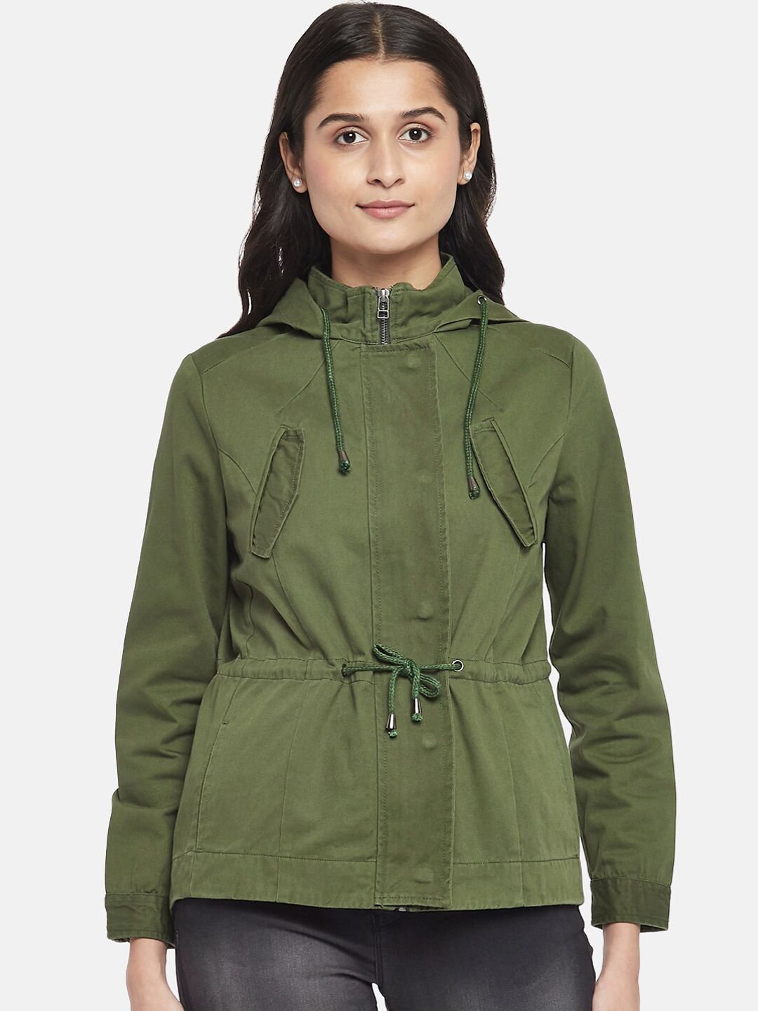 People Women Olive Green Hooded Tailored Jacket Price in India