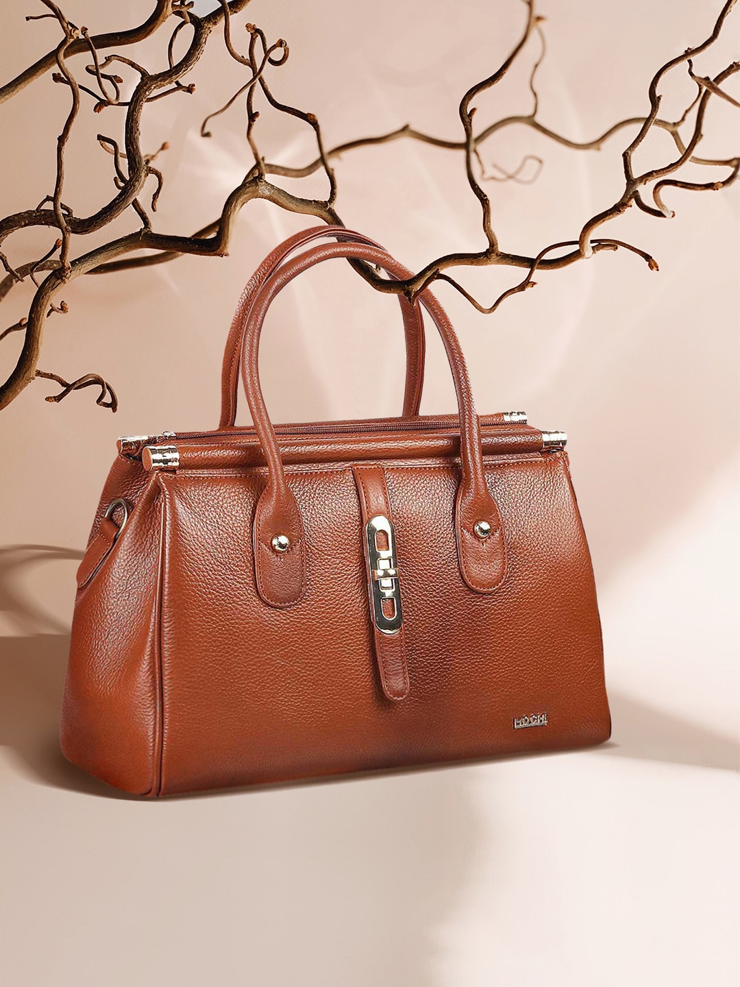 Mochi Tan Textured Leather Structured Handheld Bag Price in India
