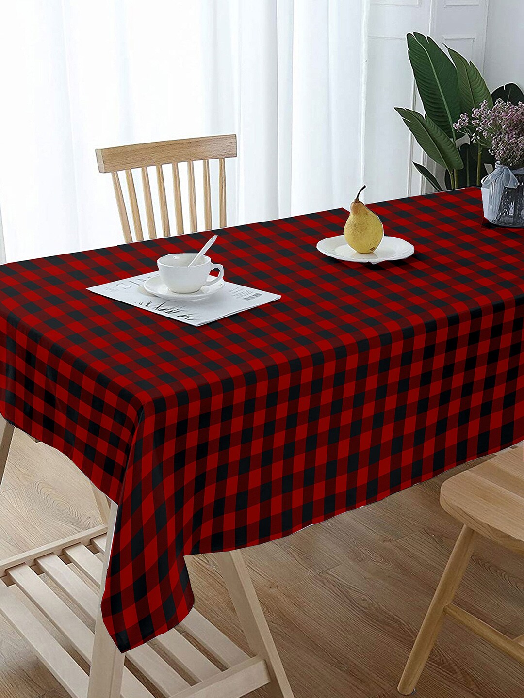 Lushomes Red & Navy Blue Buffalo Checked Cotton 6-Seater Rectangle Table Cover Price in India