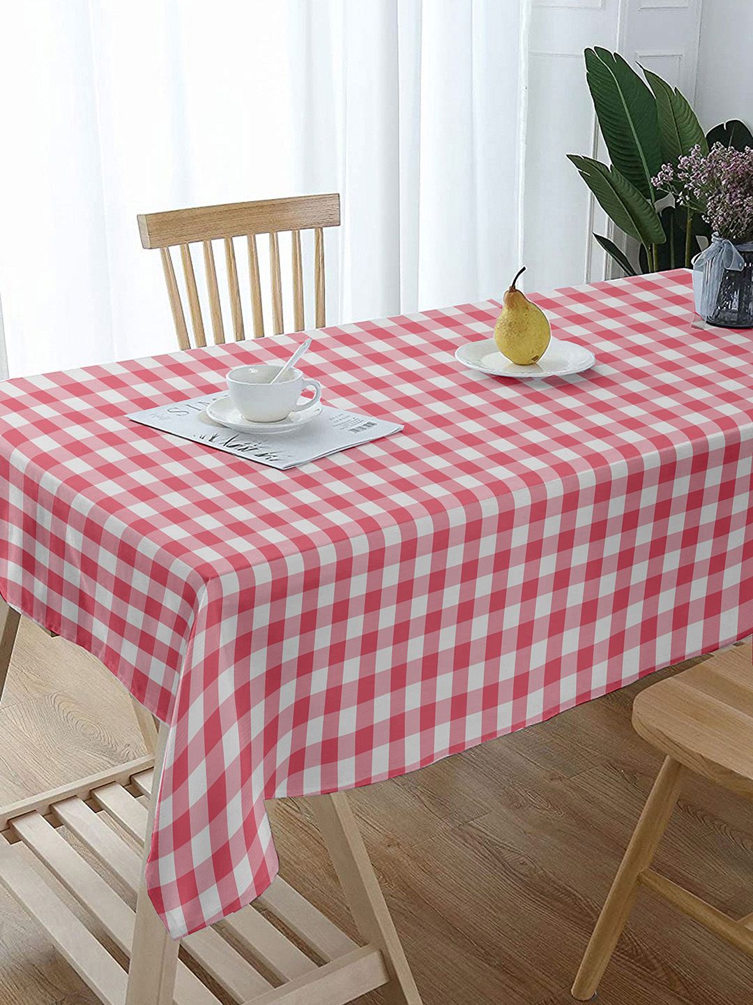 Lushomes Coral & White Checked 6-Seater Rectangle Table Cover Price in India