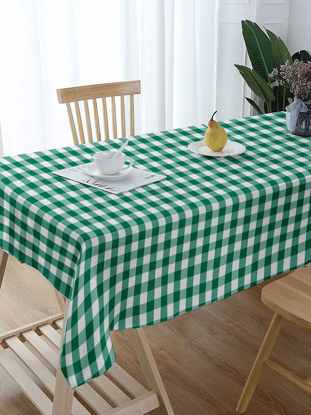 Lushomes Green & White Cotton Checked 6-Seater Rectangular Table Cover Price in India