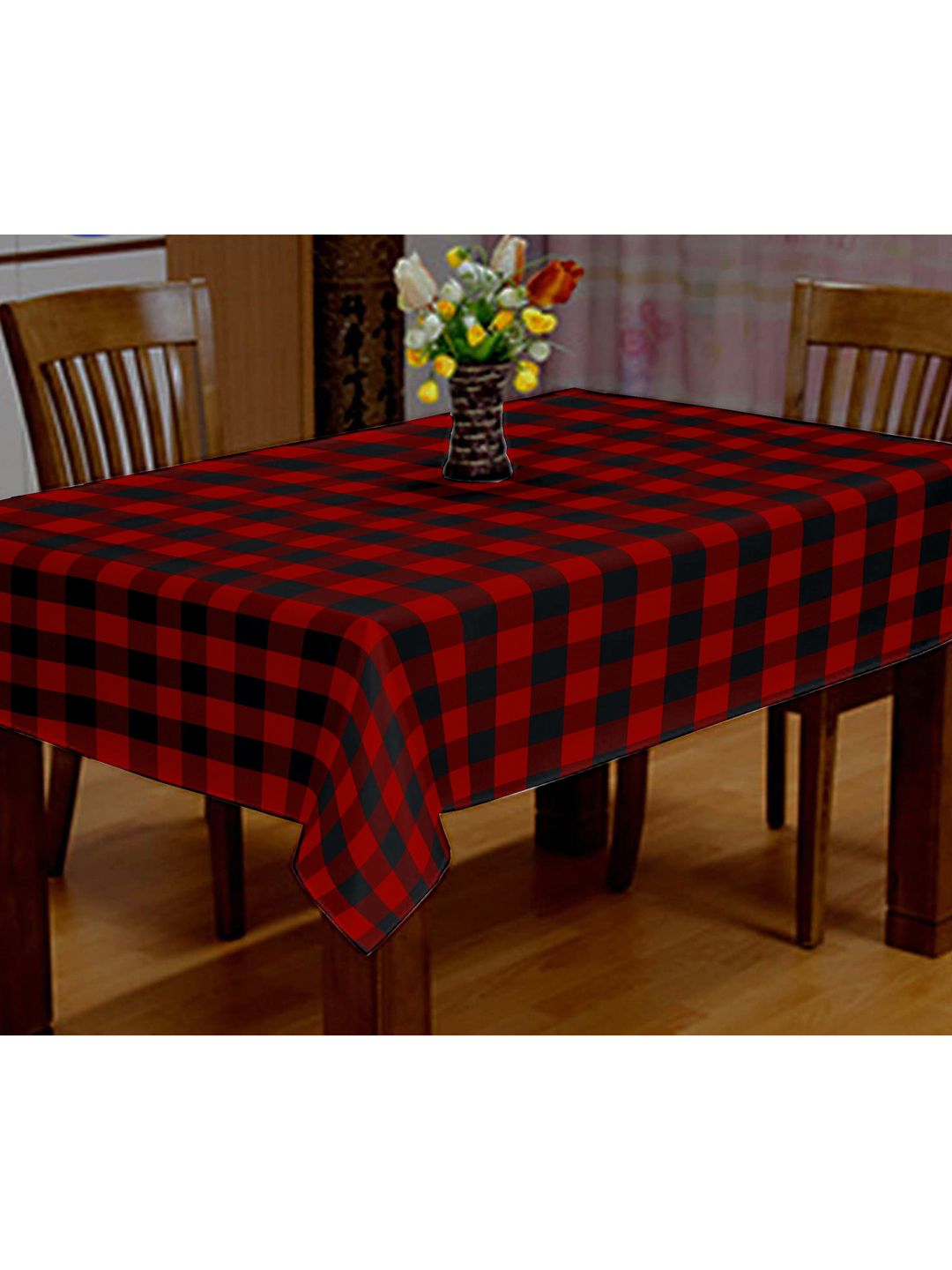 Lushomes Red & Black Checked Rectangle 4 Seater Table Cover Price in India