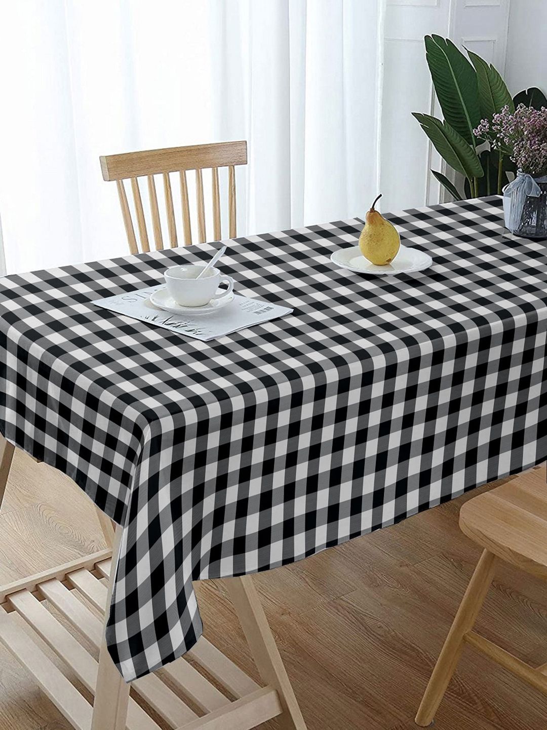 Lushomes Black & White Checked Cotton 6-Seater Rectangle Table Cover Price in India