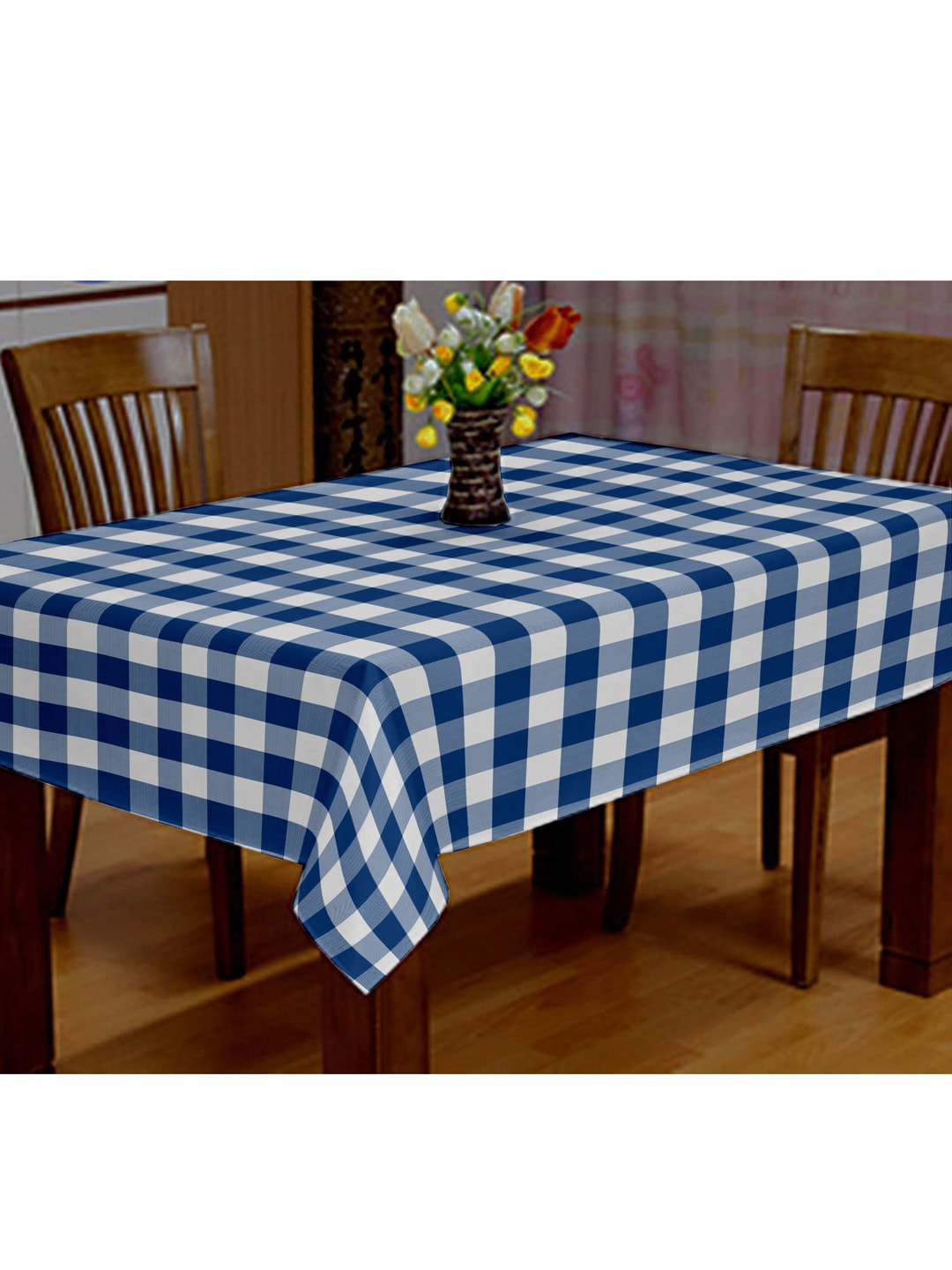 Lushomes Blue & White Checked 4-Seater Cotton Table Cover Price in India