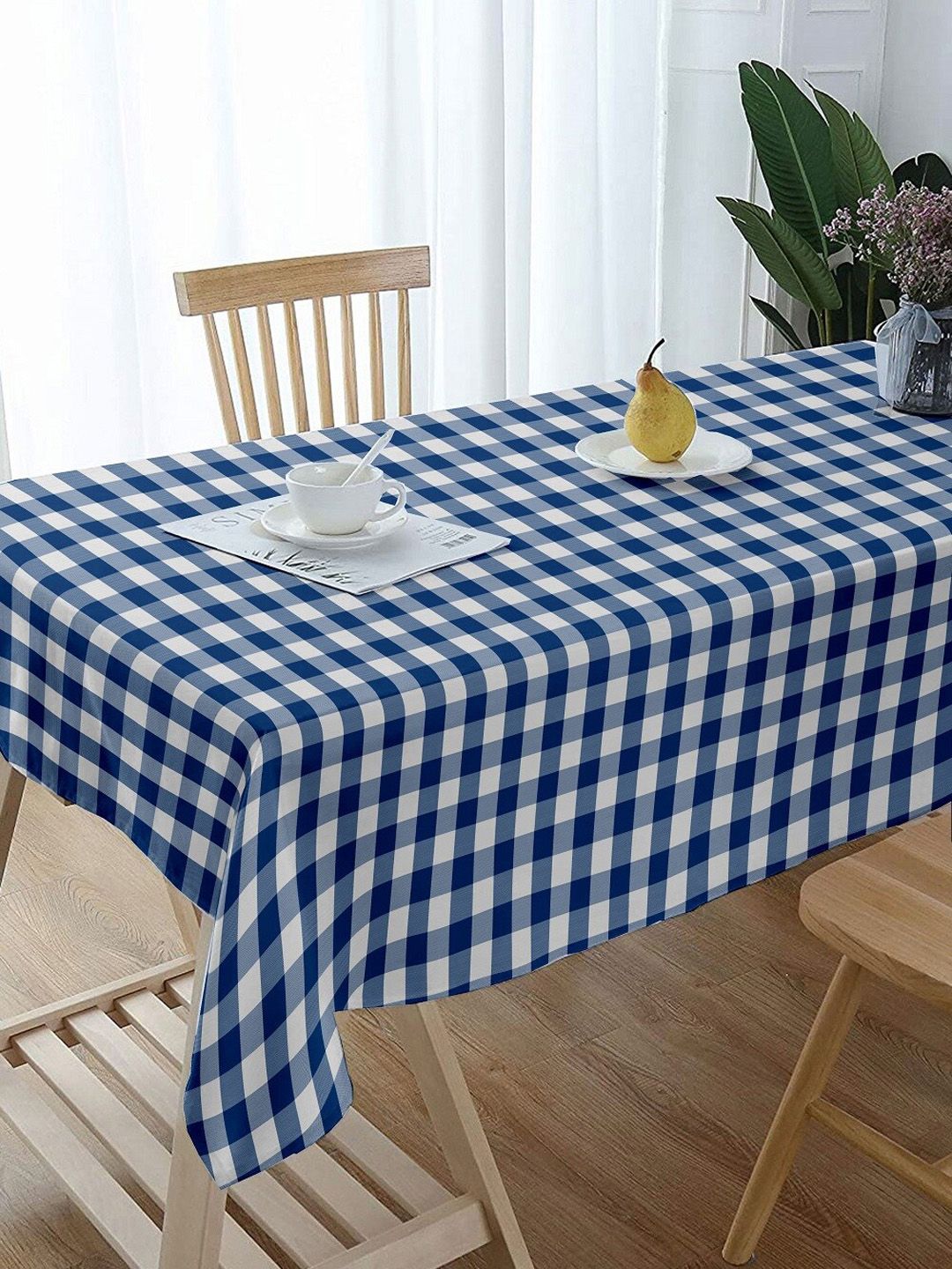 Lushomes White & Blue Checked Cotton 6-Seater Rectangle Table Cover Price in India