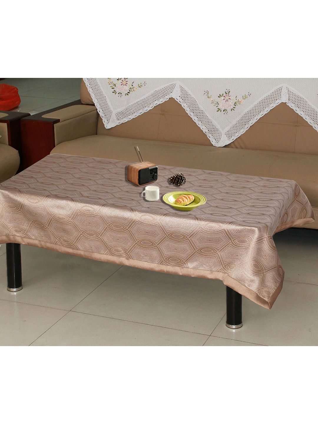 Lushomes Brown & White Self Design Jaquard Pure Cotton Table Cover Price in India