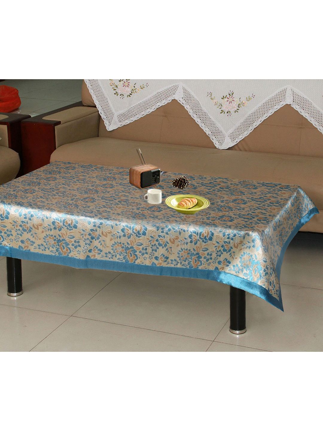 Lushomes Blue & Grey Self Design Jacquard 6-Seater Table Cover Price in India