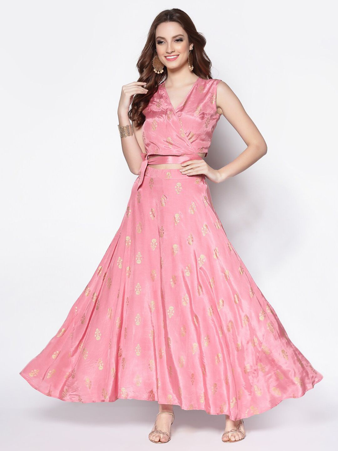 Sera Pink & Gold-Toned Printed Ready to Wear Lehenga & Blouse Price in India