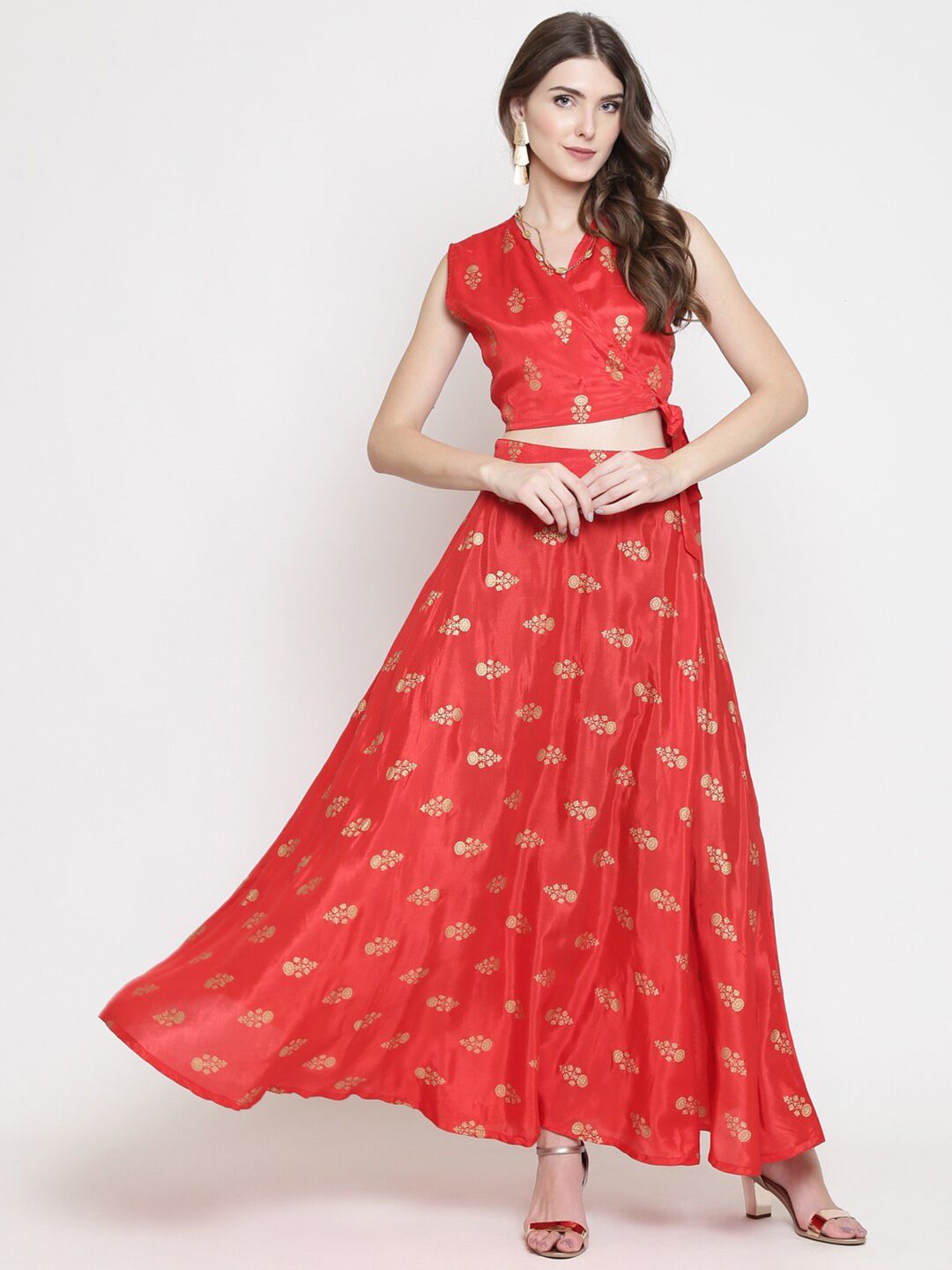 Sera Red & Gold-Coloured Printed Ready to Wear Lehenga & Blouse Price in India