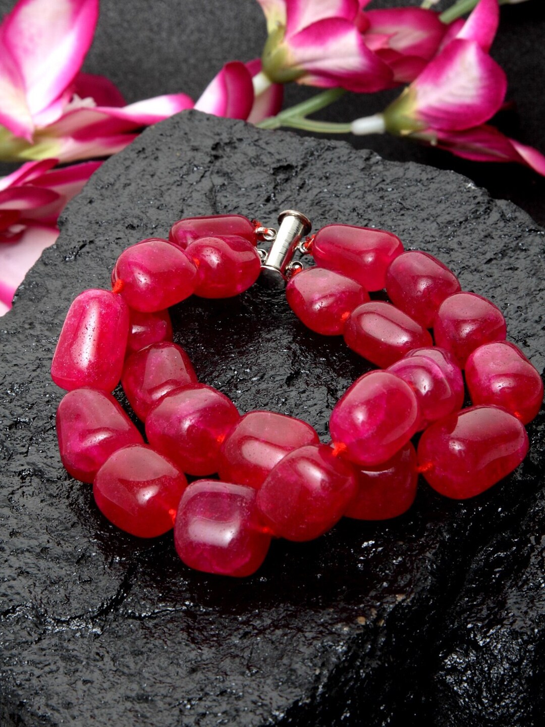 DUGRISTYLE Women Fuchsia & Silver-Toned Brass Crystals Handcrafted Silver-Plated Wraparound Bracelet Price in India