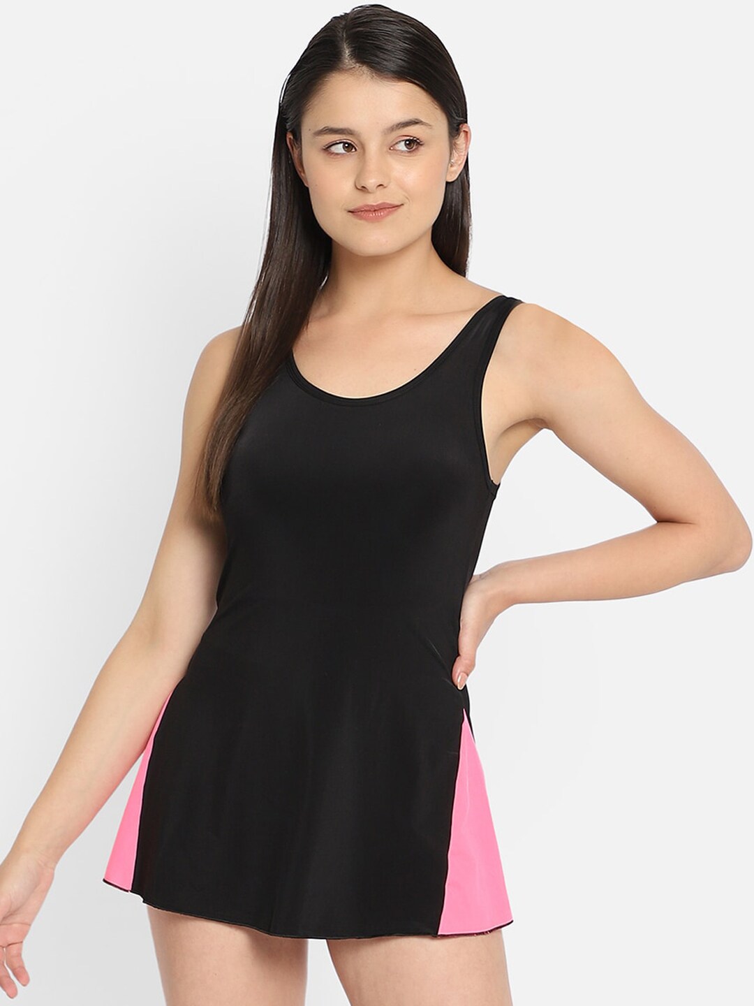 Clovia Women Black & Pink Solid Padded Swim Dress Price in India