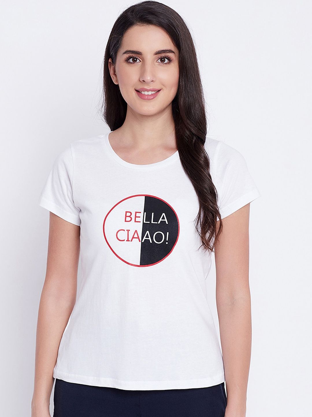 Clovia Women White & Back Printed Cotton Lounge T-shirt Price in India