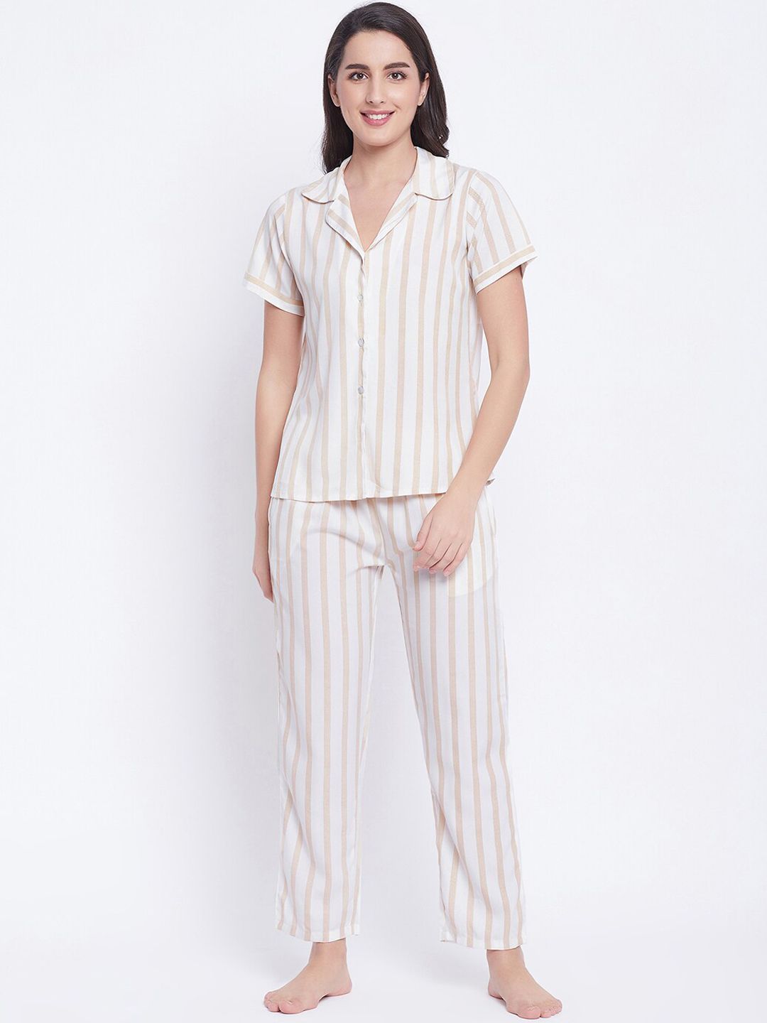 Clovia Women White Striped Night suit Price in India