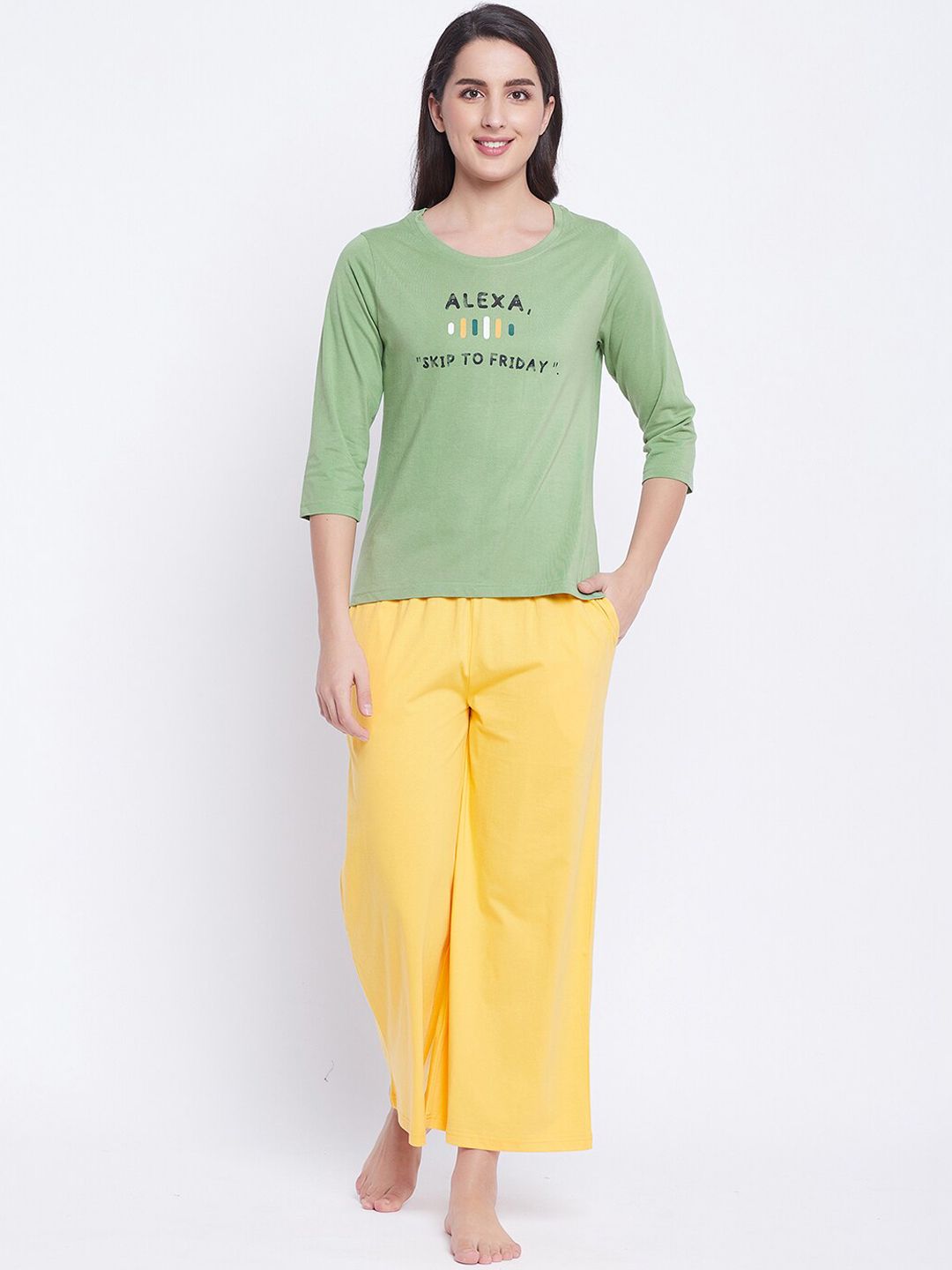 Clovia Women Green & Yellow Printed Night Suit Price in India