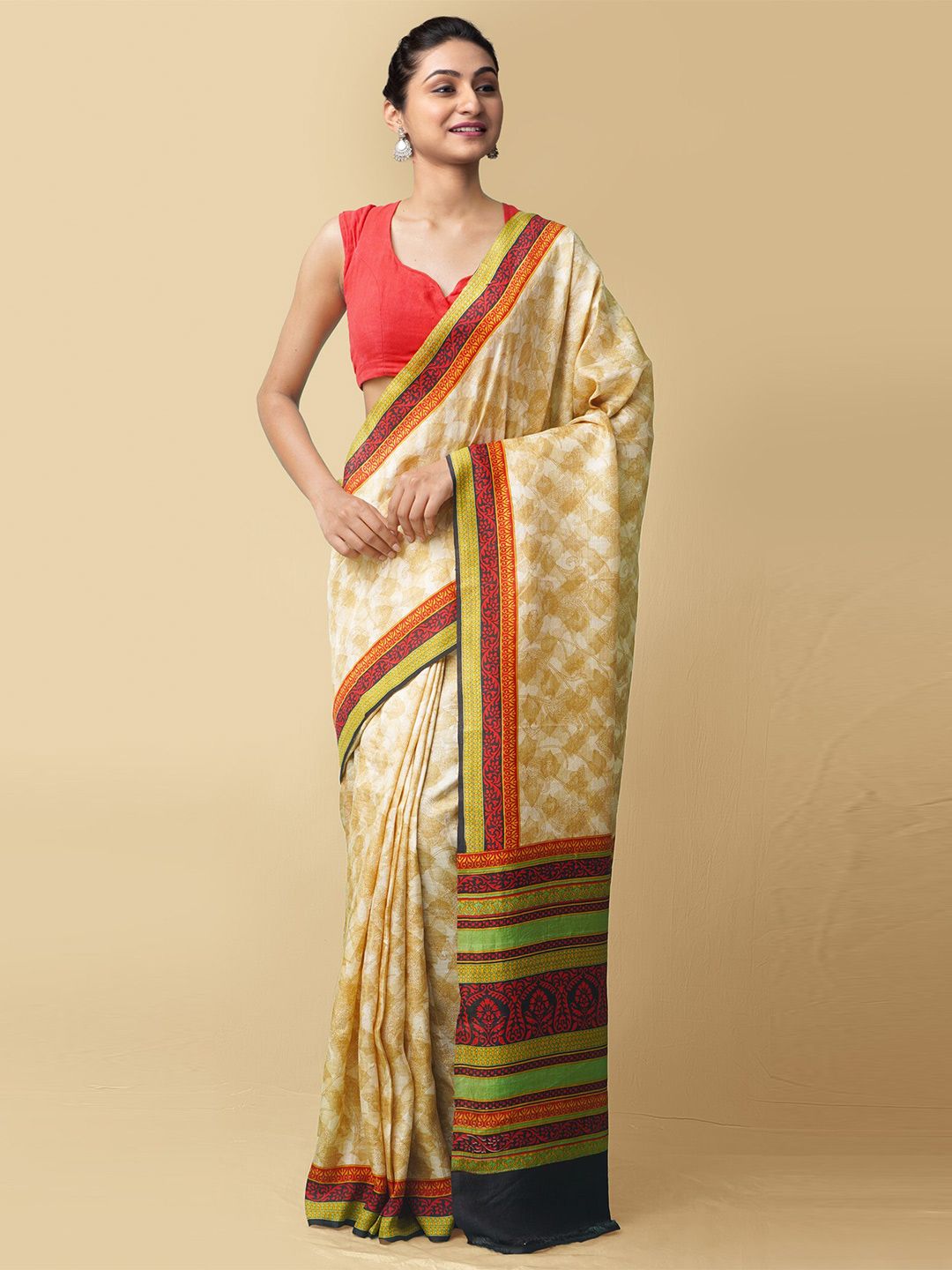 Unnati Silks Cream-Coloured & Black Ethnic Motifs Handloom Pure Silk Baluchari Saree