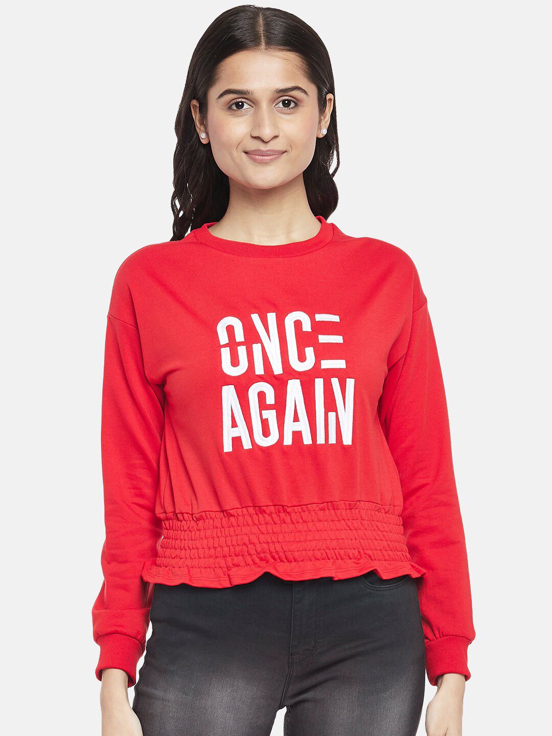 People Red & White Typography Printed Pullover Crop Pure Cotton Sweatshirt Price in India