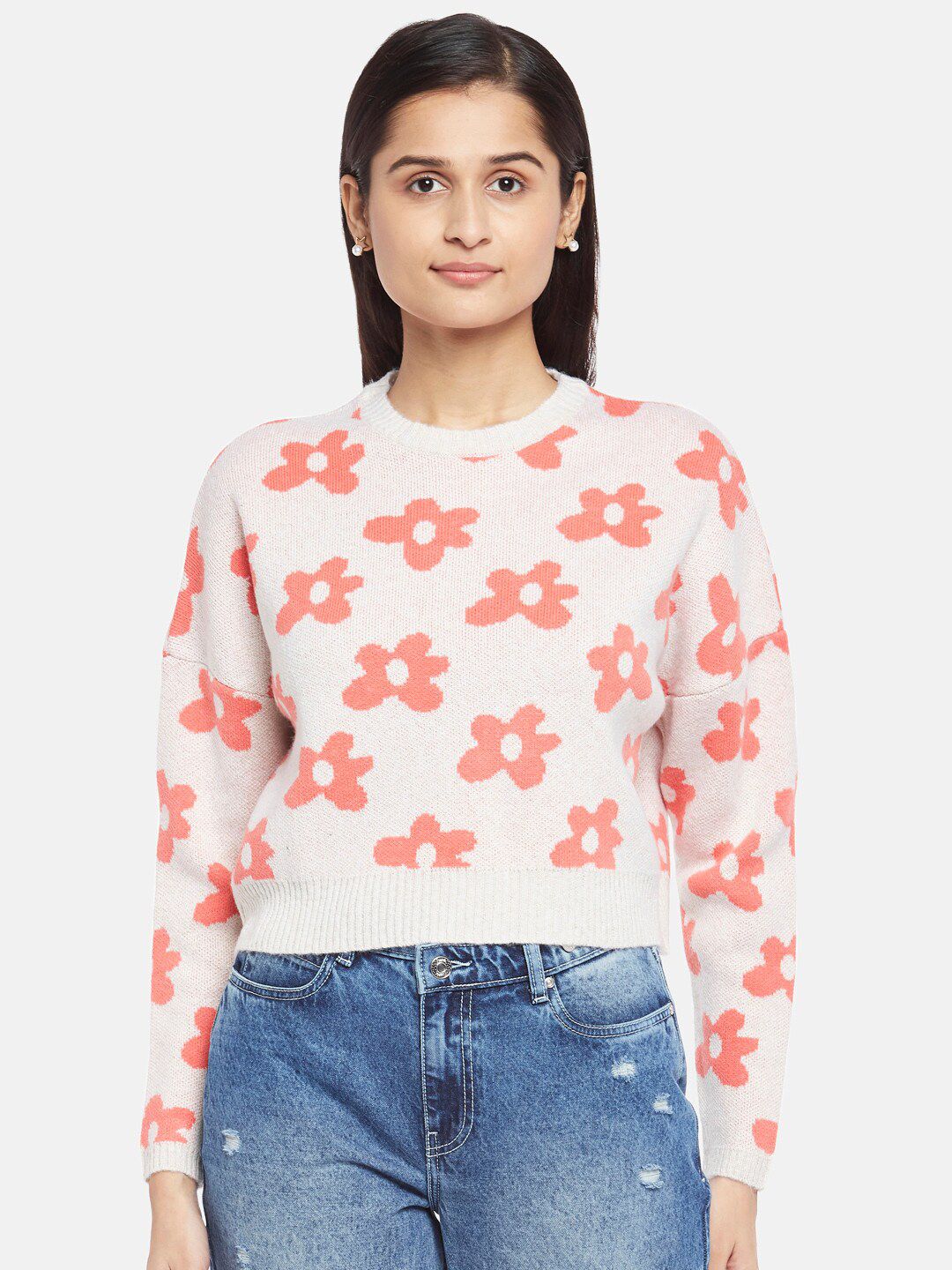 People Women Off White & Orange Floral Printed Acrylic Pullover Price in India