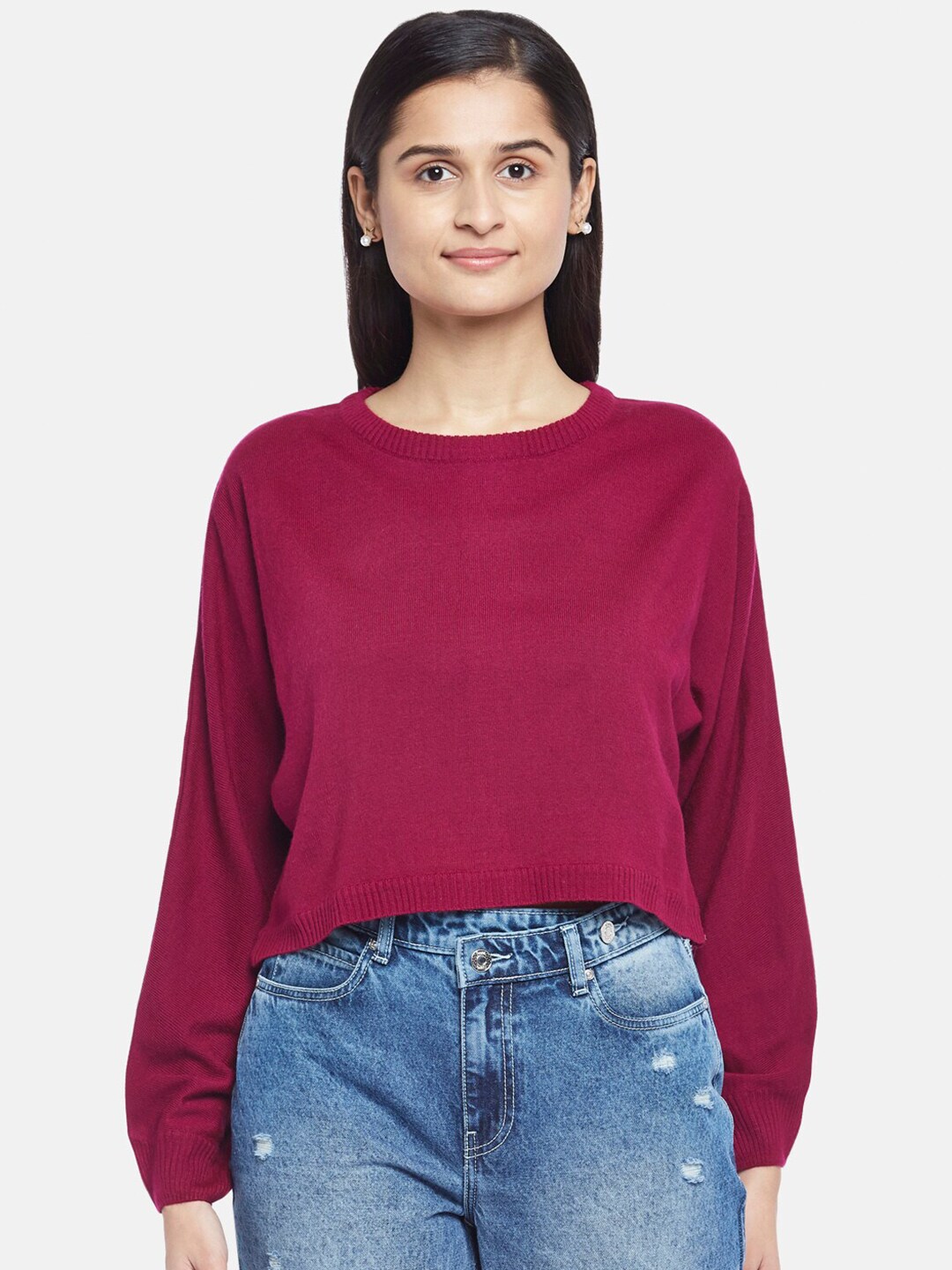 People Women Mauve Crop Acrylic Pullover Price in India