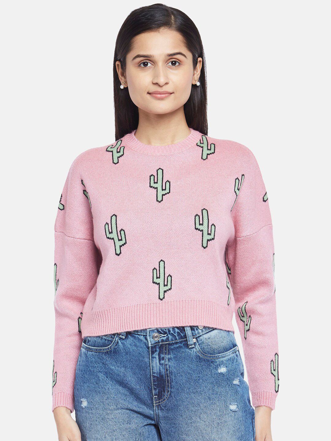 People Women Pink & Grey Acrylic Printed Pullover Price in India
