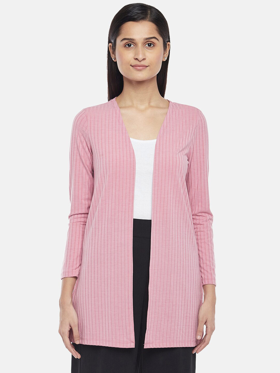 Honey by Pantaloons Women Pink Striped Longline Shrug Price in India