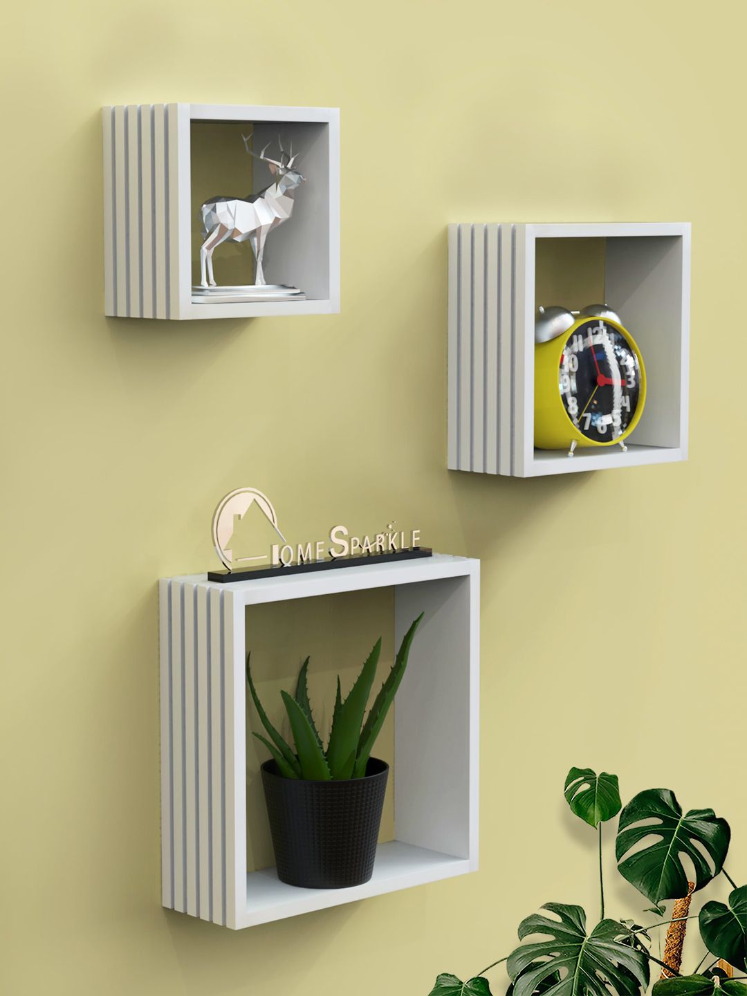 Home Sparkle Set Of 3 White Louvers Design Wall Mounted Cube Wall Shelf Price in India