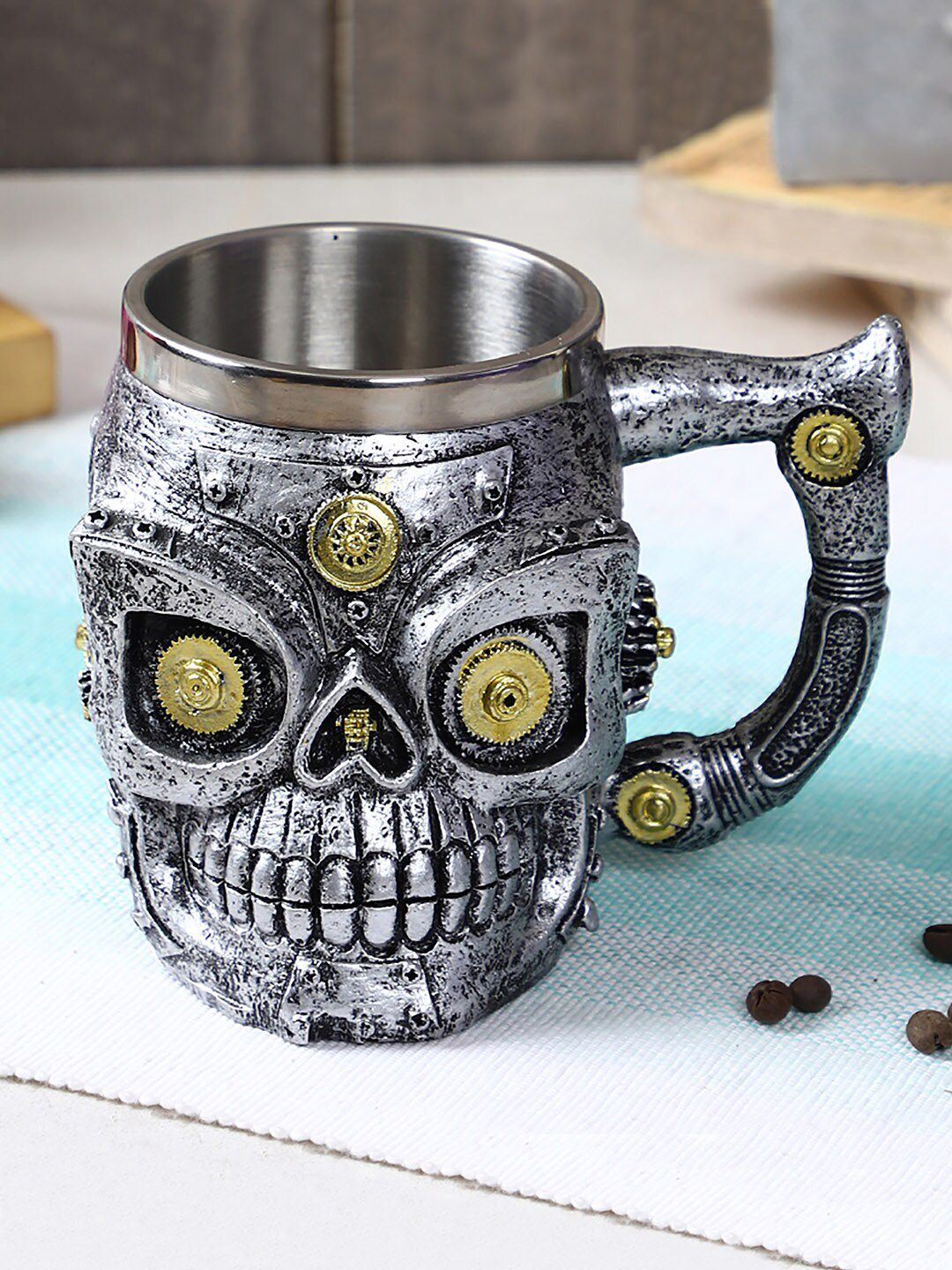 TIED RIBBONS Silver-Toned & Gold-Toned Stainless Steel 3D Skull Coffee Mug Price in India