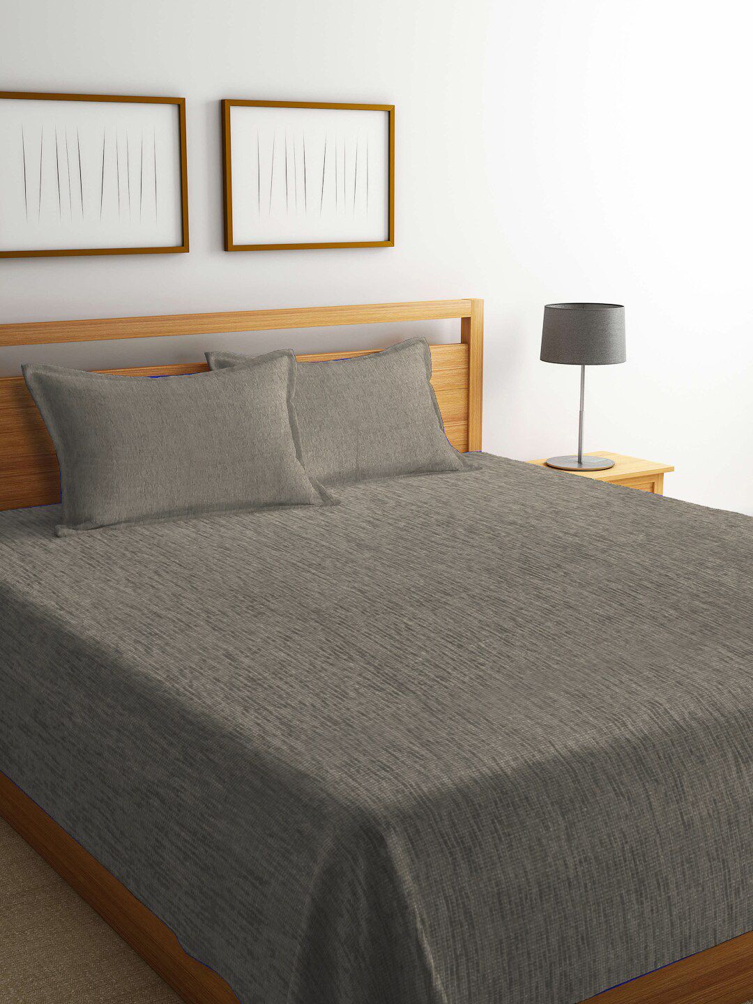 KLOTTHE Grey Solid Cotton Double King Size Bedcover With 2 Pillow Covers Price in India