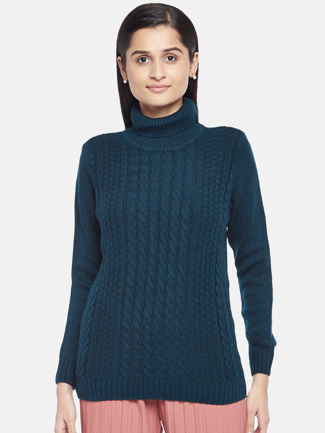 Honey by Pantaloons Women Teal Blue Cable Knit Pure Acrylic Pullover Price in India