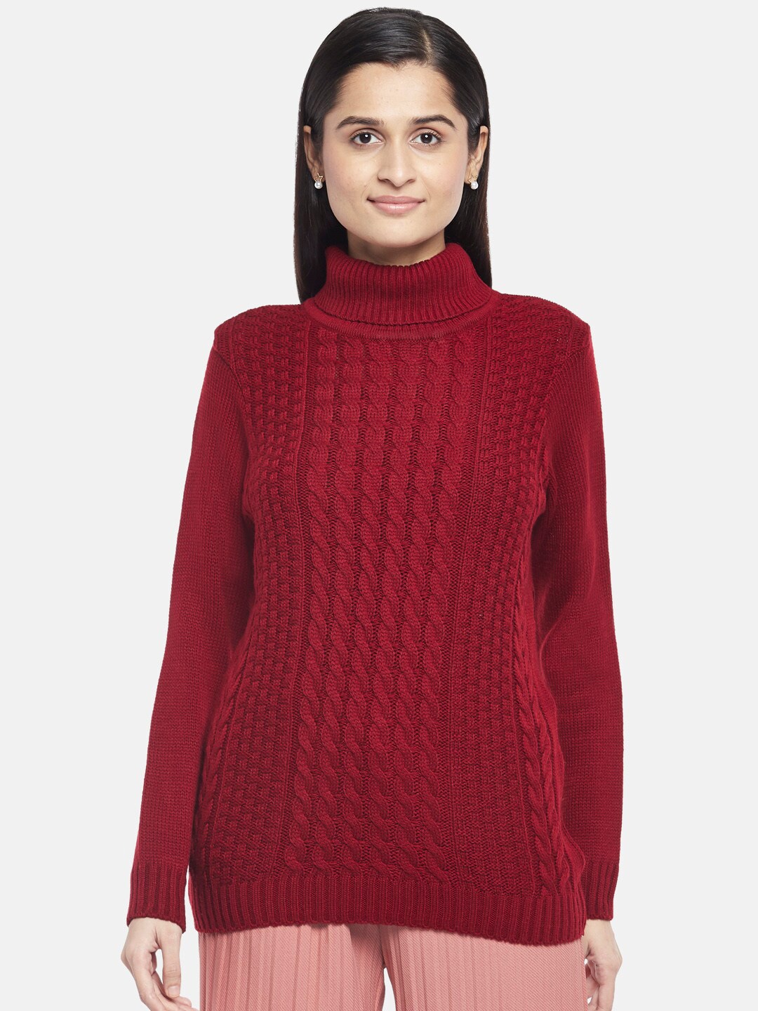 Honey by Pantaloons Women Red Cable Knit Acrylic Pullover Price in India