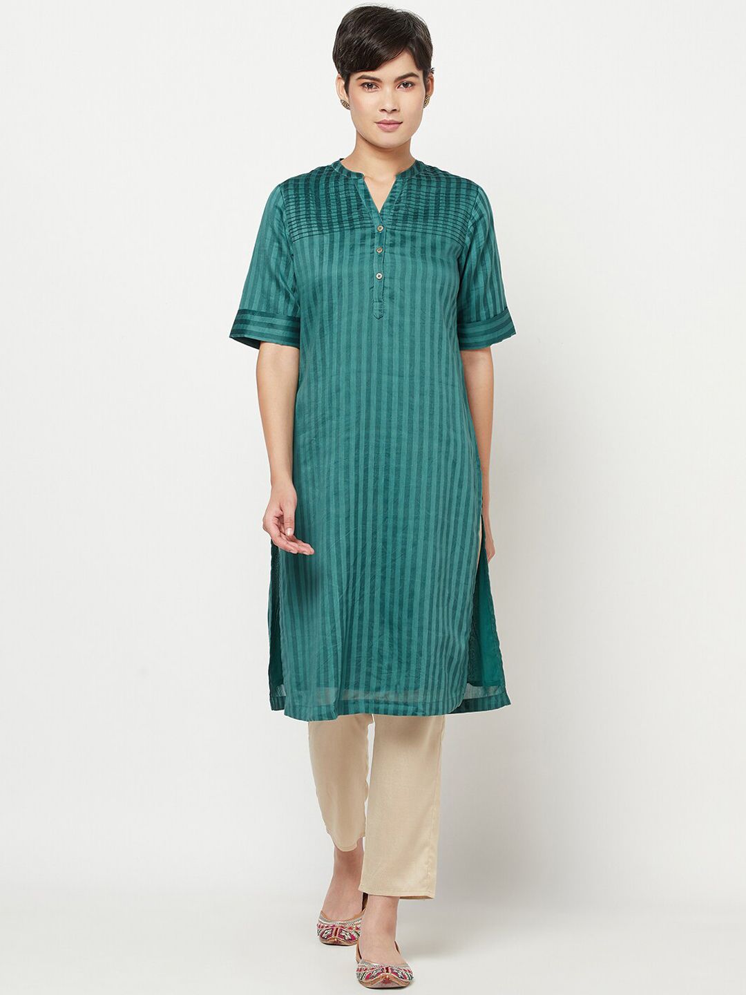 Fabindia Women Green Striped Kurta Price in India