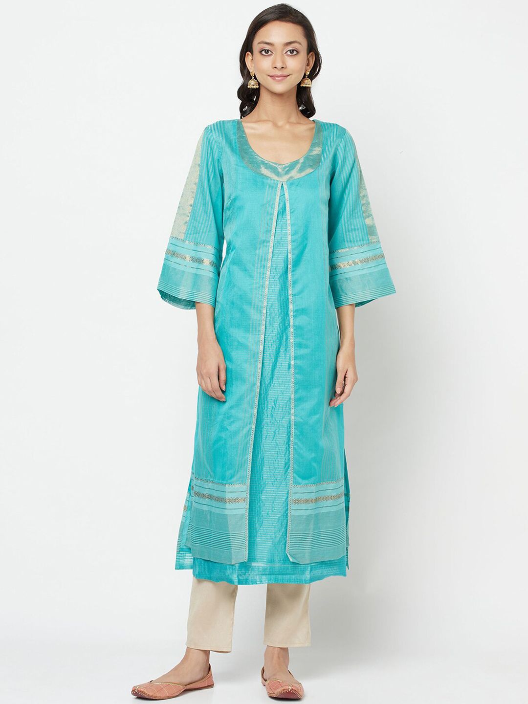 Fabindia Women Turquoise Blue Ethnic Motifs Layered Kurta Price in India