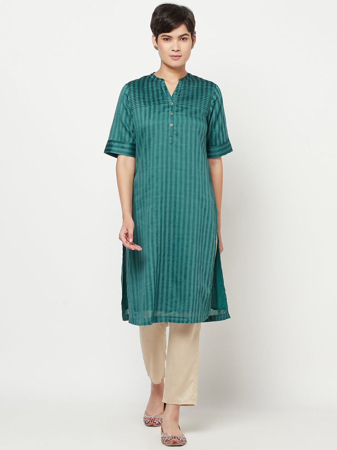 Fabindia Women Green Striped Sleeves Kurta Price in India