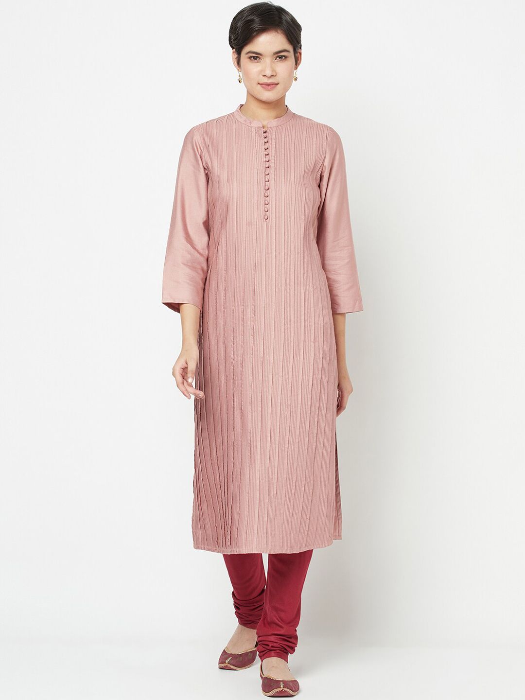 Fabindia Women Pink Striped Straight Kurta Price in India