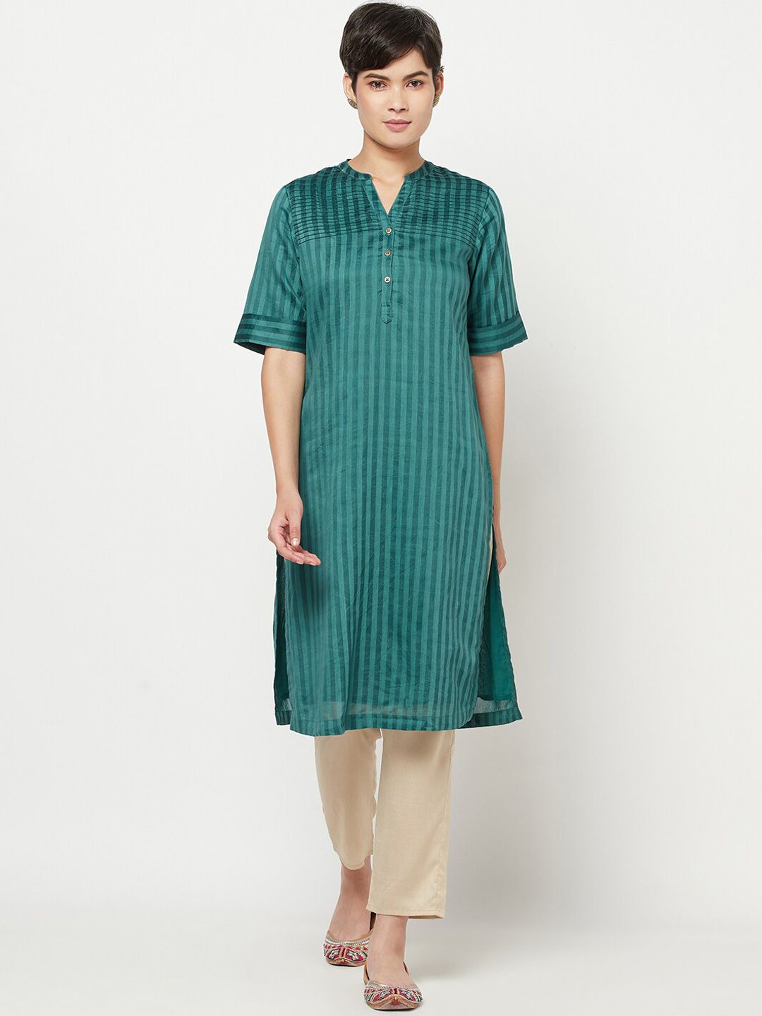 Fabindia Women Green Striped Flared Sleeves Thread Work Kurta Price in India