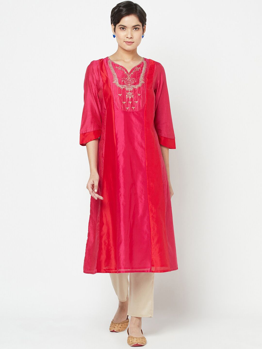 Fabindia Women Pink & Gold-Coloured Thread Work Panelled A-line Kurta Price in India