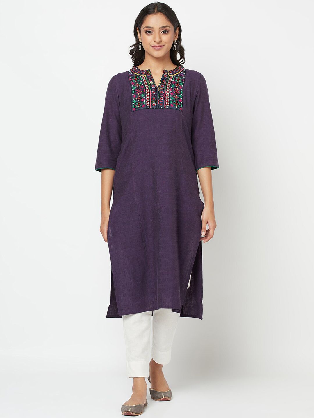 Fabindia Women Purple Embroidered Thread Work Kurta Price in India
