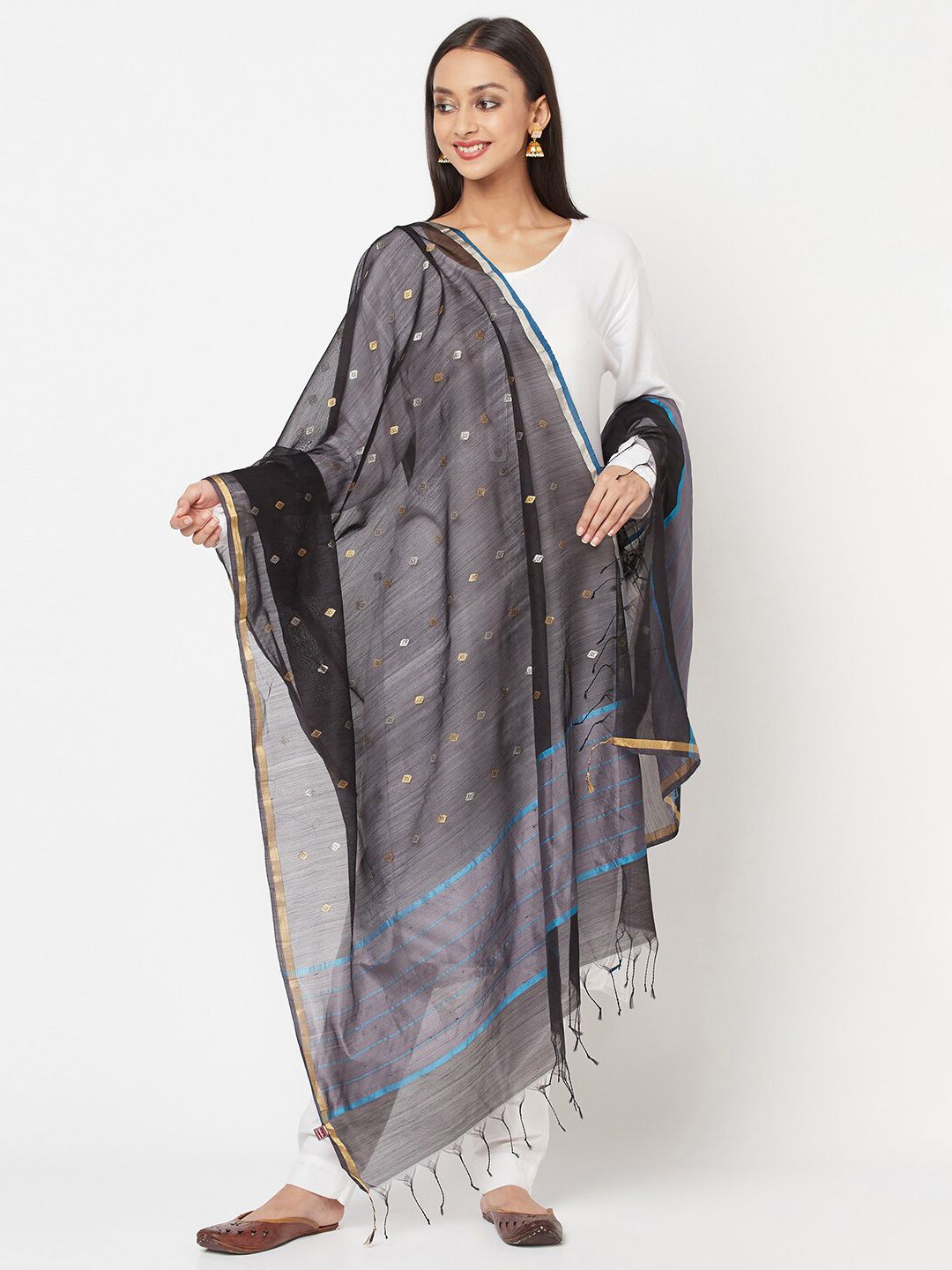 Fabindia Black & Gold-Toned Woven Design Chanderi Cotton Silk Dupatta