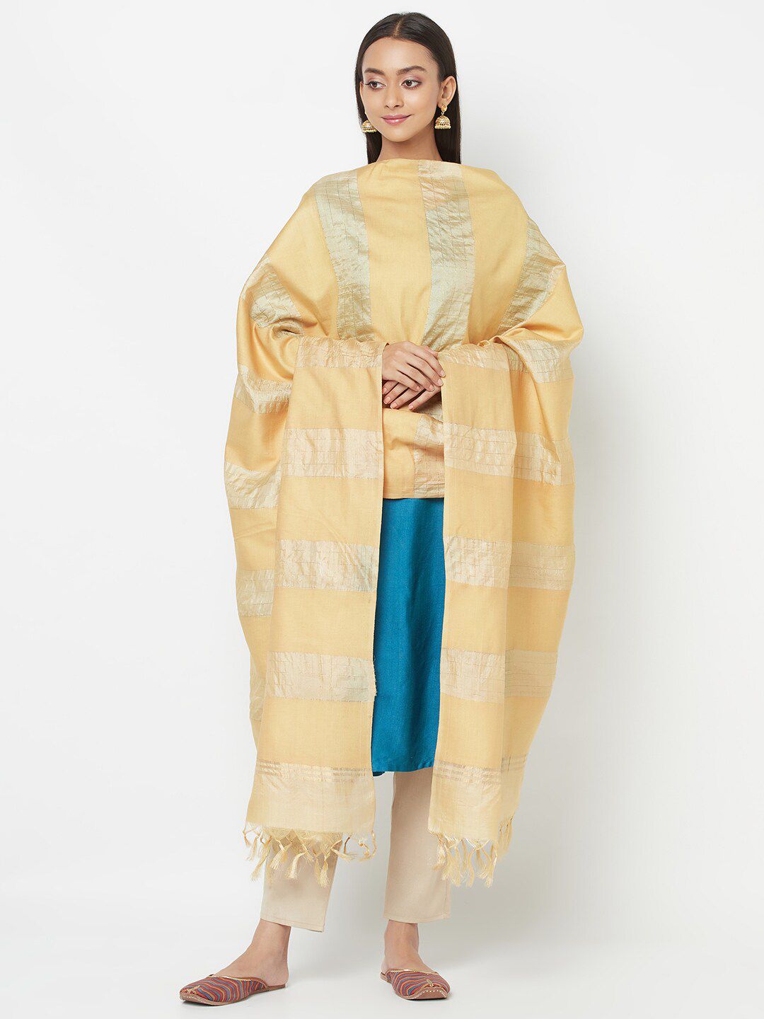 Fabindia Beige & Silver-Toned Striped Pure Silk Dupatta