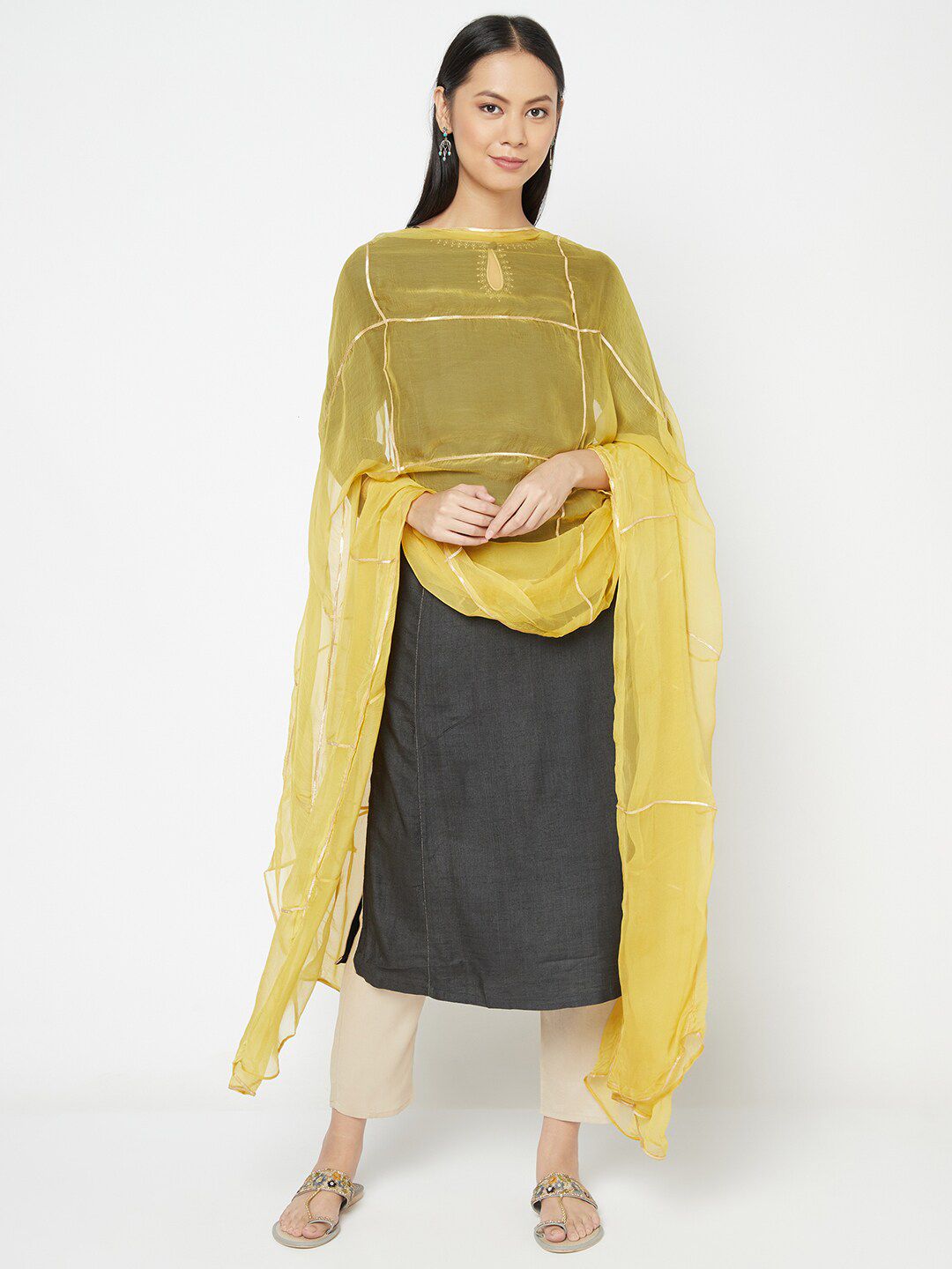 Fabindia Yellow & Gold-Toned Dupatta with Gotta Patti