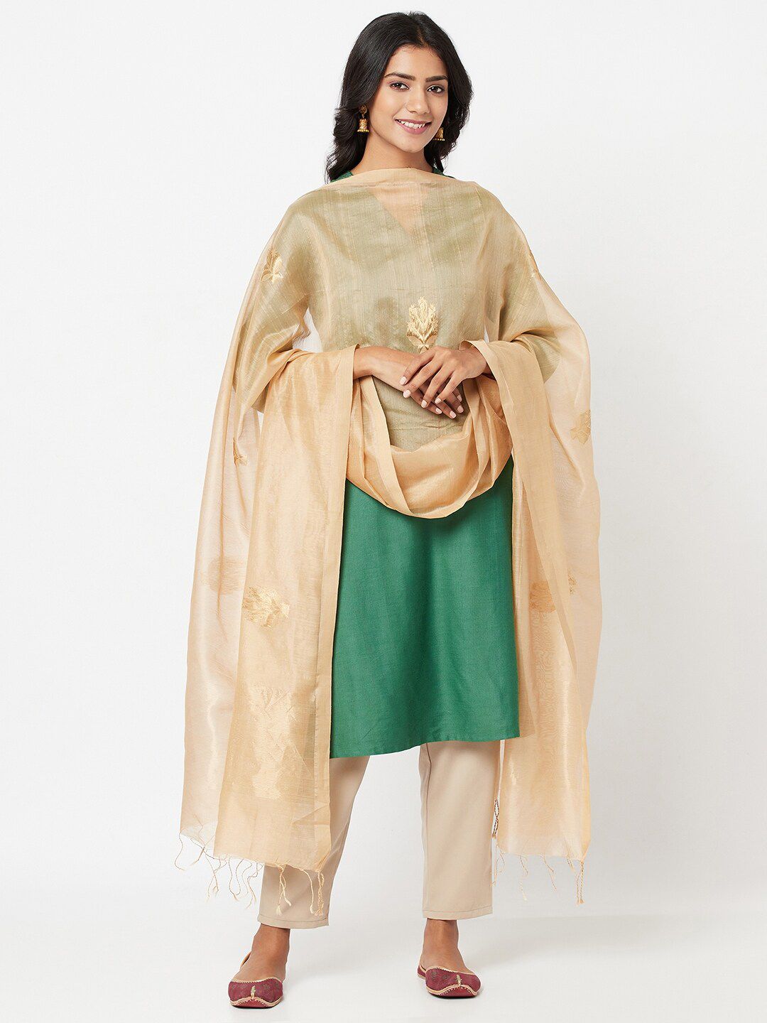 Fabindia Beige Ethnic Motifs Woven Design Cotton Silk Dupatta