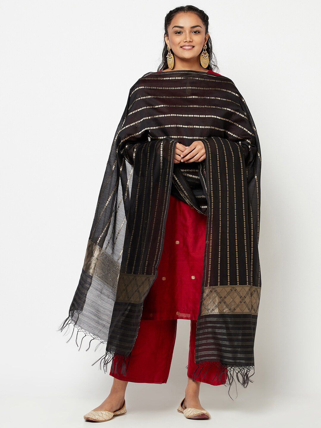 Fabindia Black & Gold-Toned Woven Design Cotton Silk Dupatta