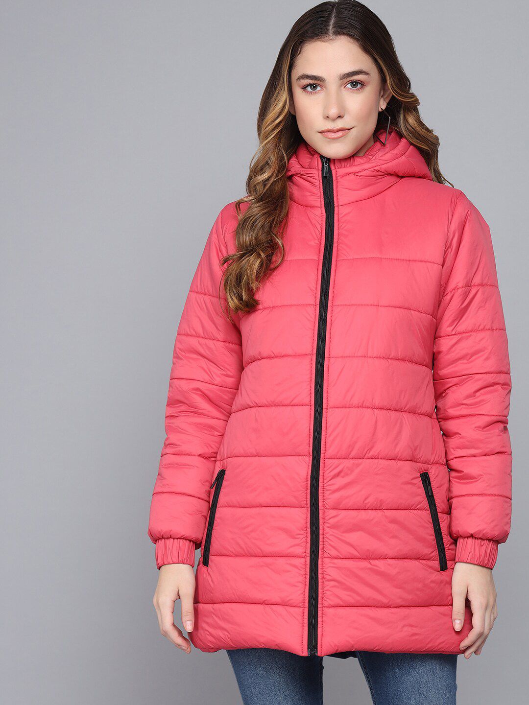 Kotty Women Pink Striped Longline Outdoor Puffer Jacket Price in India