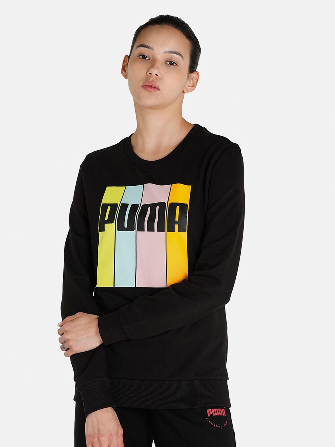 Puma Women Black Graphic Crew Printed Sweatshirt Price in India