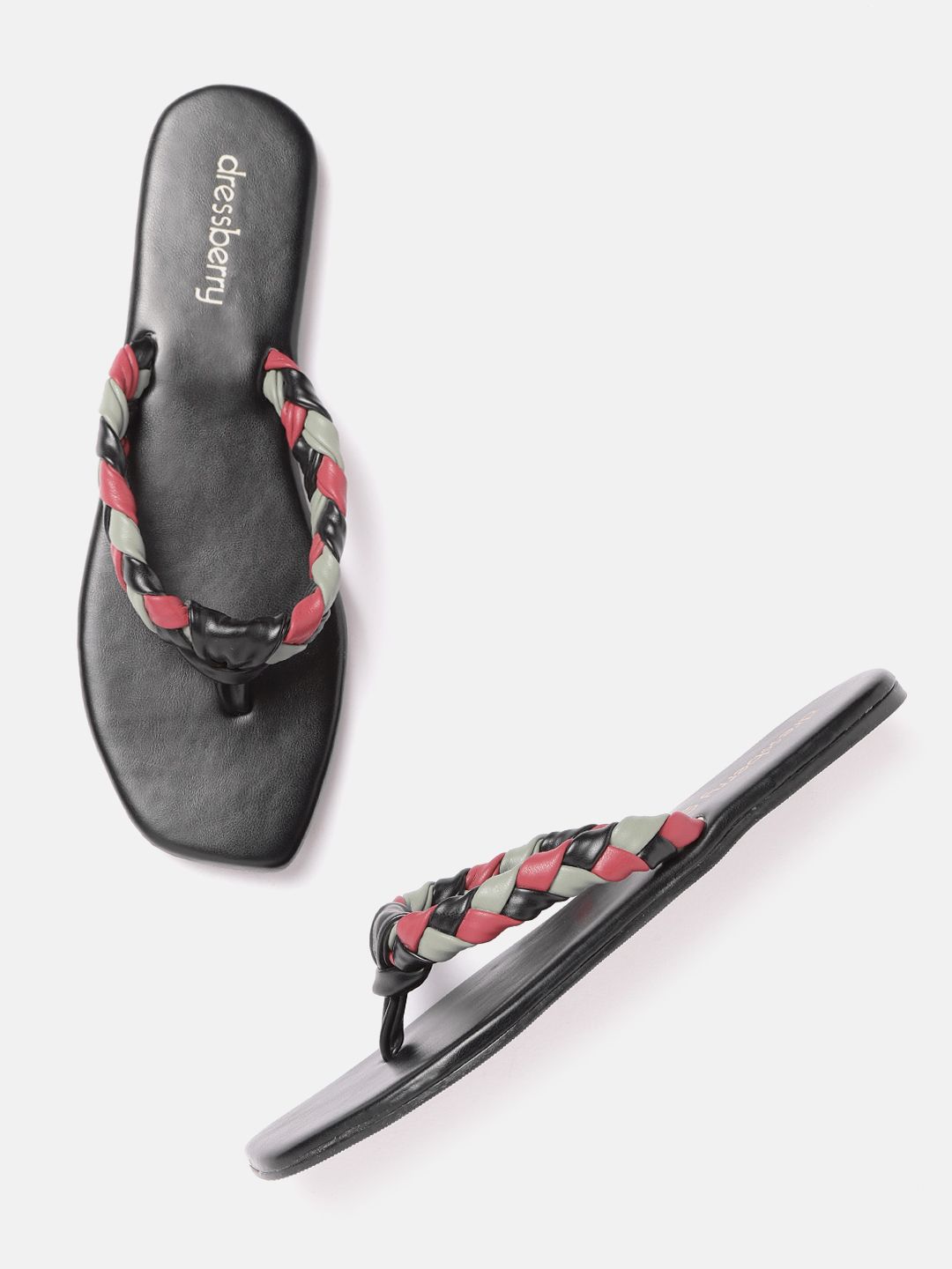 DressBerry Women Black & Green Braided Open Toe Flats Price in India