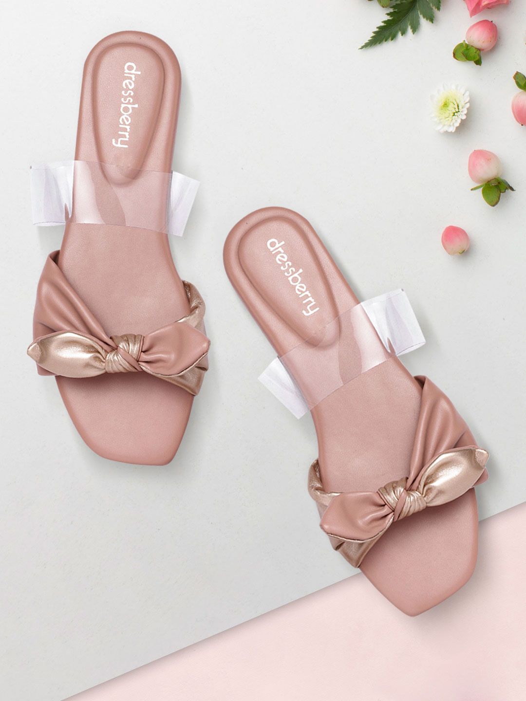 DressBerry Women Rose Gold-Toned & Peach-Coloured Open Toe Flats with Bows Price in India